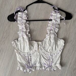 For Love And Lemons White and Lavender Eyelet Spring Crop Top